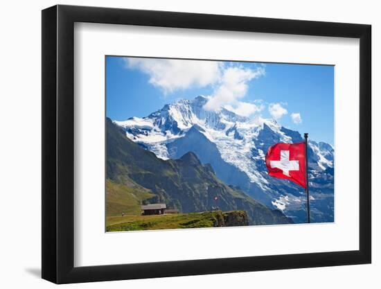 Swiss Flag on the Top of Mannlichen (Jungfrau Region, Bern, Switzerland)-swisshippo-Framed Photographic Print