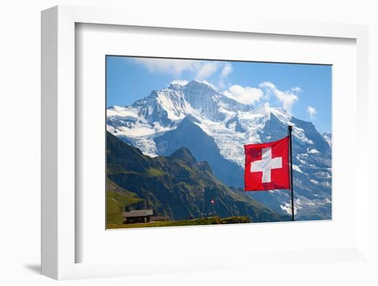 Swiss Flag on the Top of Mannlichen (Jungfrau Region, Bern, Switzerland)-swisshippo-Framed Photographic Print