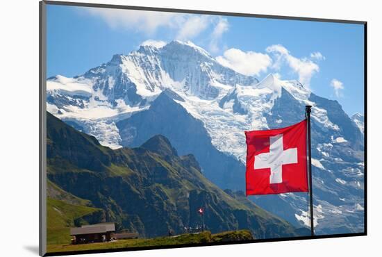 Swiss Flag on the Top of Mannlichen (Jungfrau Region, Bern, Switzerland)-swisshippo-Mounted Photographic Print