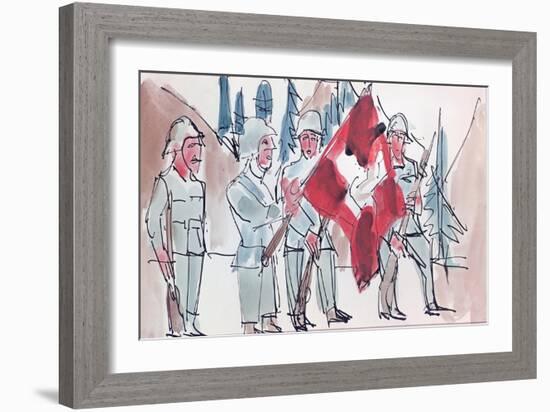 Swiss Soldiers with Flag, 1927 (W/C & Indian Ink on Paper)-Ernst Ludwig Kirchner-Framed Giclee Print