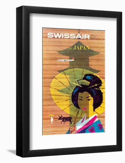 Swissair to Japan, Tokyo - Painted Wooden Store-Donald Brun-Framed Art Print