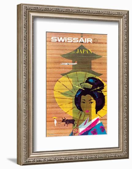 Swissair to Japan, Tokyo - Painted Wooden Store-Donald Brun-Framed Art Print