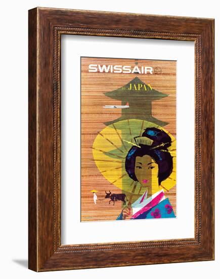 Swissair to Japan, Tokyo - Painted Wooden Store-Donald Brun-Framed Art Print