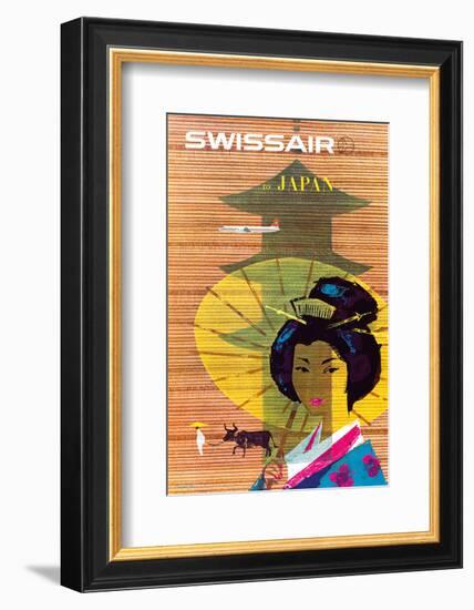 Swissair to Japan, Tokyo - Painted Wooden Store-Donald Brun-Framed Art Print