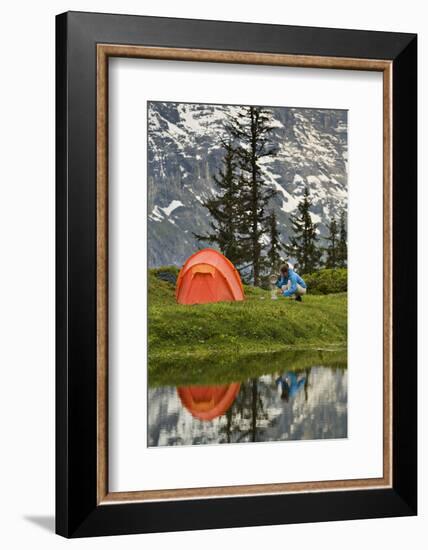 Switzerland, Canton Wallis, Bernese Oberland, Gro§e Scheidegg, Woman, Tent, Camping, Cook-Rainer Mirau-Framed Photographic Print