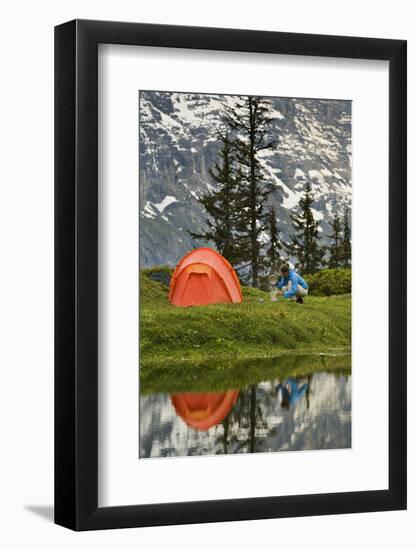 Switzerland, Canton Wallis, Bernese Oberland, Gro§e Scheidegg, Woman, Tent, Camping, Cook-Rainer Mirau-Framed Photographic Print