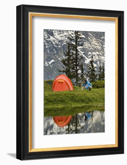 Switzerland, Canton Wallis, Bernese Oberland, Gro§e Scheidegg, Woman, Tent, Camping, Cook-Rainer Mirau-Framed Photographic Print