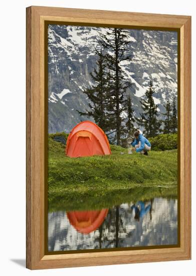 Switzerland, Canton Wallis, Bernese Oberland, Gro§e Scheidegg, Woman, Tent, Camping, Cook-Rainer Mirau-Framed Premier Image Canvas