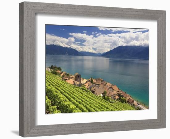 Switzerland, Vaud, Lavaux Vineyards, St; Saphorin Village and Lac Leman / Lake Geneva-Michele Falzone-Framed Photographic Print