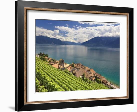 Switzerland, Vaud, Lavaux Vineyards, St; Saphorin Village and Lac Leman / Lake Geneva-Michele Falzone-Framed Photographic Print