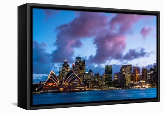 Sydney city skyline and harbour including the Opera House at dusk, Sydney, New South Wales, Austral-Andrew Michael-Framed Premier Image Canvas
