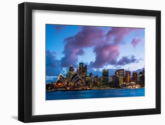 Sydney city skyline and harbour including the Opera House at dusk, Sydney, New South Wales, Austral-Andrew Michael-Framed Photographic Print