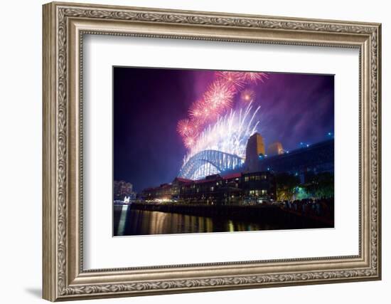 Sydney Harbour Bridge and New Years Eve Fireworks, Sydney, New South Wales, Australia, Oceania-Frank Fell-Framed Photographic Print