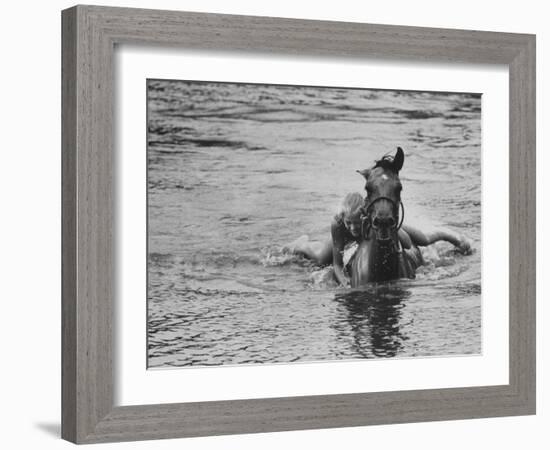 Sydney Hoyle Floundering on Back of Horse in Water at Full Cry Farm-Art Rickerby-Framed Photographic Print