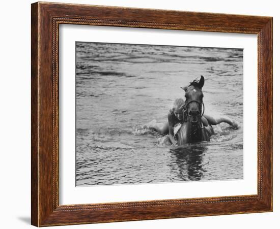 Sydney Hoyle Floundering on Back of Horse in Water at Full Cry Farm-Art Rickerby-Framed Photographic Print