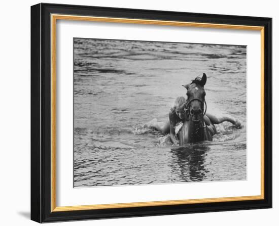 Sydney Hoyle Floundering on Back of Horse in Water at Full Cry Farm-Art Rickerby-Framed Photographic Print
