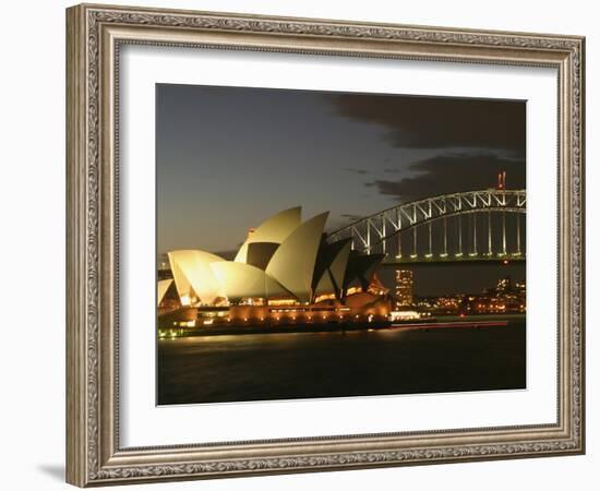 Sydney Opera House and Harbor Bridge at Night, Sydney, Australia-David Wall-Framed Photographic Print
