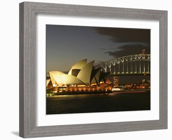 Sydney Opera House and Harbor Bridge at Night, Sydney, Australia-David Wall-Framed Photographic Print