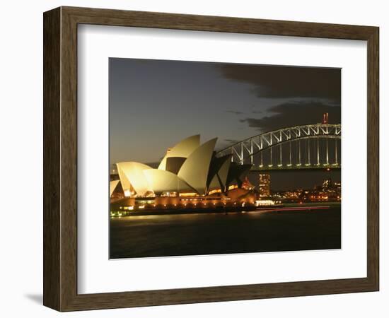 Sydney Opera House and Harbor Bridge at Night, Sydney, Australia-David Wall-Framed Photographic Print