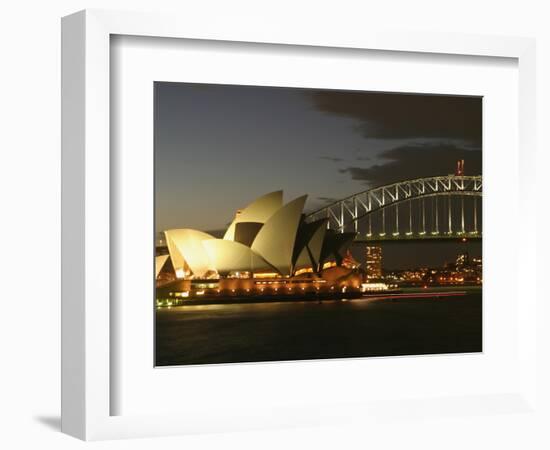 Sydney Opera House and Harbor Bridge at Night, Sydney, Australia-David Wall-Framed Photographic Print