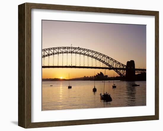 Sydney Opera House and Sydney Harbour Bridge at Sunset, Sydney, New South Wales, Australia-Steve Vidler-Framed Photographic Print