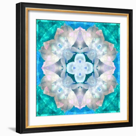 Symmetrical Photomontage of a White Orchid on Blue/Green Floral Ornament with Circle-Alaya Gadeh-Framed Photographic Print