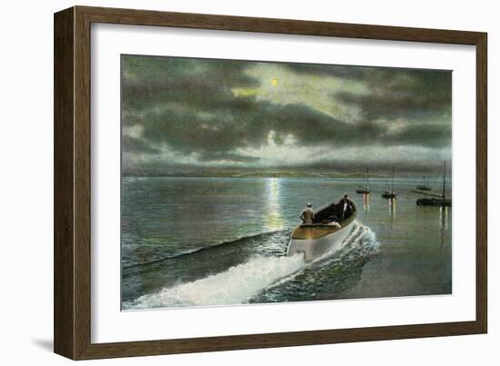 Syracuse, New York - Moonlight Boatride on Onondaga Lake-Lantern Press-Framed Art Print