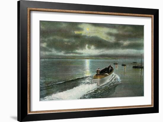 Syracuse, New York - Moonlight Boatride on Onondaga Lake-Lantern Press-Framed Art Print