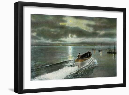 Syracuse, New York - Moonlight Boatride on Onondaga Lake-Lantern Press-Framed Art Print