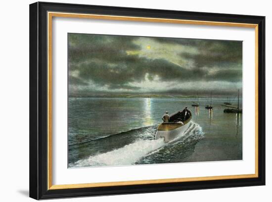 Syracuse, New York - Moonlight Boatride on Onondaga Lake-Lantern Press-Framed Art Print