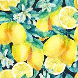 Watercolor Lemon Fruit Branch with Leaves Seamless Pattern on Black Background. Lemon Citrus Tree.-Syrytsyna Tetiana-Art Print