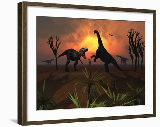 T. Rex Confronts a Group of Camarasaurus Dinosaurs-Stocktrek Images-Framed Photographic Print