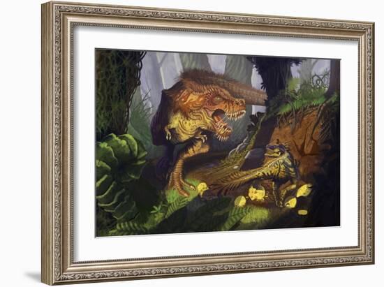 T-Rex Protecting Nest Dinosaur-Lantern Press-Framed Art Print