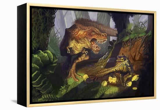T-Rex Protecting Nest Dinosaur-Lantern Press-Framed Stretched Canvas