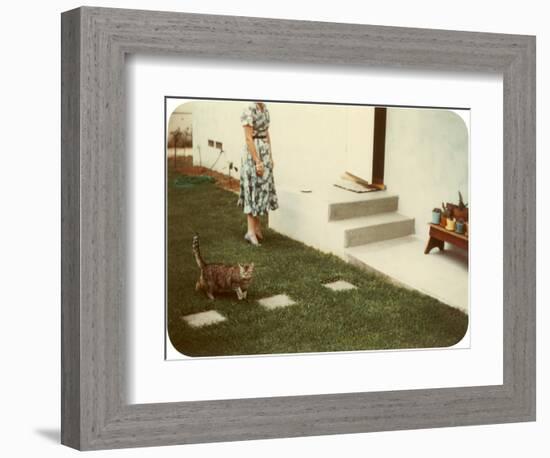 Tabby Cat on Lawn with Lady-null-Framed Art Print