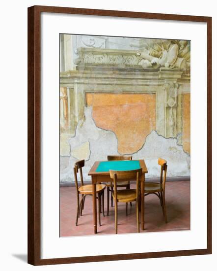 Table and Wall at 15th century Sedile Dominova Social Club, Sorrento, Campania, Italy-Walter Bibikow-Framed Photographic Print
