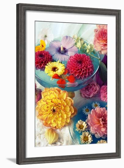 Table Decoration, Coloured Blossoms and Water Bowl-Alaya Gadeh-Framed Photographic Print