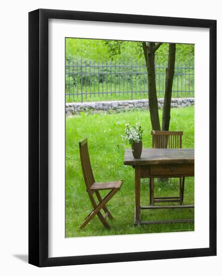 Table on Grounds of Hotel Kendov Dvorec, Spodnja Idrija, Slovenia-Walter Bibikow-Framed Photographic Print
