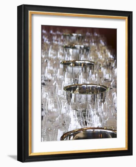 Table Set with Wine Tasting Glasses, Bodega Familia Schroeder Winery, Neuquen, Patagonia, Argentina-Per Karlsson-Framed Photographic Print