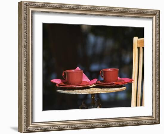 Table with Coffee and Teak Deck Garden Chair, Clos Des Iles, Le Brusc, Var, Cote d'Azur, France-Per Karlsson-Framed Photographic Print