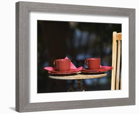 Table with Coffee and Teak Deck Garden Chair, Clos Des Iles, Le Brusc, Var, Cote d'Azur, France-Per Karlsson-Framed Photographic Print