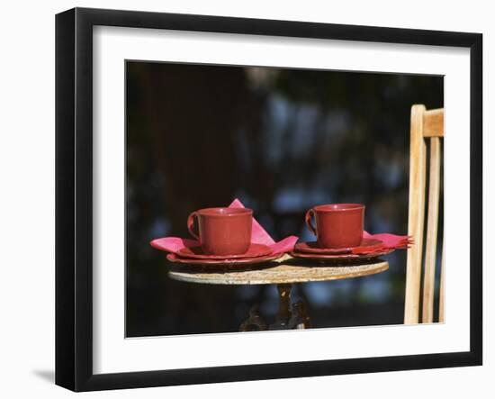 Table with Coffee and Teak Deck Garden Chair, Clos Des Iles, Le Brusc, Var, Cote d'Azur, France-Per Karlsson-Framed Photographic Print