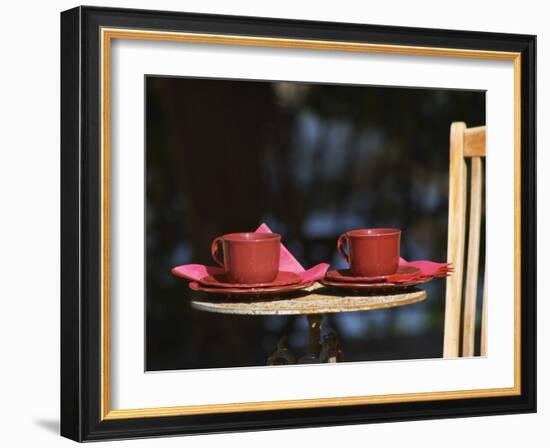 Table with Coffee and Teak Deck Garden Chair, Clos Des Iles, Le Brusc, Var, Cote d'Azur, France-Per Karlsson-Framed Photographic Print