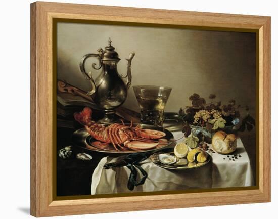 Table with Lobster, Silver Jug, Big Berkemeyer, Fruit Bowl, Violin and Books, 1641-Pieter Claesz-Framed Premier Image Canvas