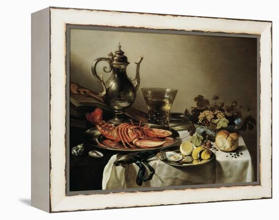 Table with Lobster, Silver Jug, Big Berkemeyer, Fruit Bowl, Violin and Books, 1641-Pieter Claesz-Framed Premier Image Canvas