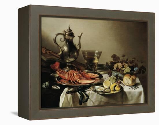 Table with Lobster, Silver Jug, Big Berkemeyer, Fruit Bowl, Violin and Books, 1641-Pieter Claesz-Framed Premier Image Canvas