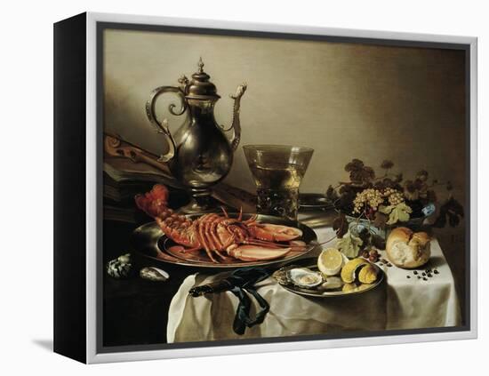 Table with Lobster, Silver Jug, Big Berkemeyer, Fruit Bowl, Violin and Books, 1641-Pieter Claesz-Framed Premier Image Canvas