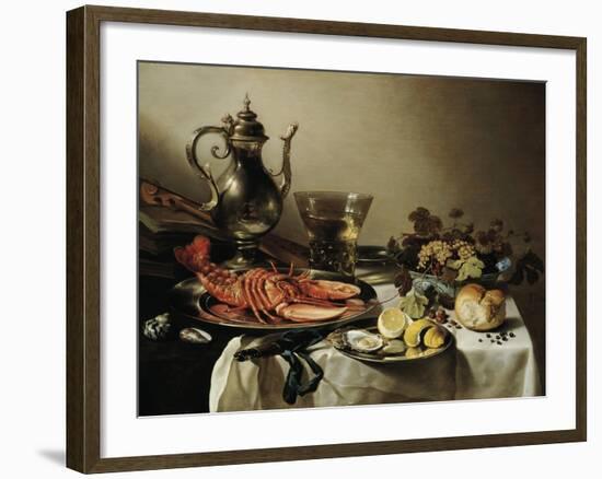 Table with Lobster, Silver Jug, Big Berkemeyer, Fruit Bowl, Violin and Books, 1641-Pieter Claesz-Framed Giclee Print