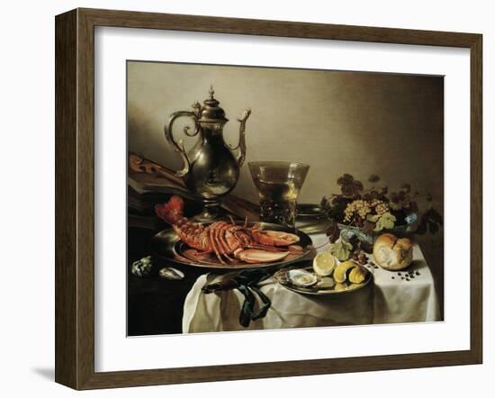 Table with Lobster, Silver Jug, Big Berkemeyer, Fruit Bowl, Violin and Books, 1641-Pieter Claesz-Framed Giclee Print