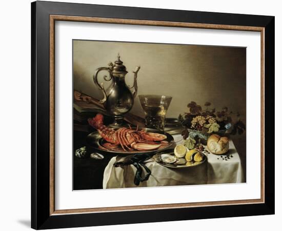 Table with Lobster, Silver Jug, Big Berkemeyer, Fruit Bowl, Violin and Books, 1641-Pieter Claesz-Framed Giclee Print